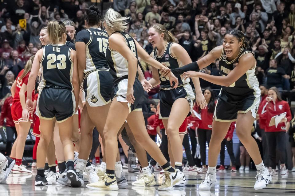 Boilers celebrate after Purdue Boilermakers guard Rashunda Jones (2) hits a jumper at the buzzer of the 3rd quarter during the NCAA women’s basketball game against the Indiana Hoosiers, Sunday Jan. 21, 2024, at Mackey Arena in West Lafayette, Ind. Indiana won 74-68.