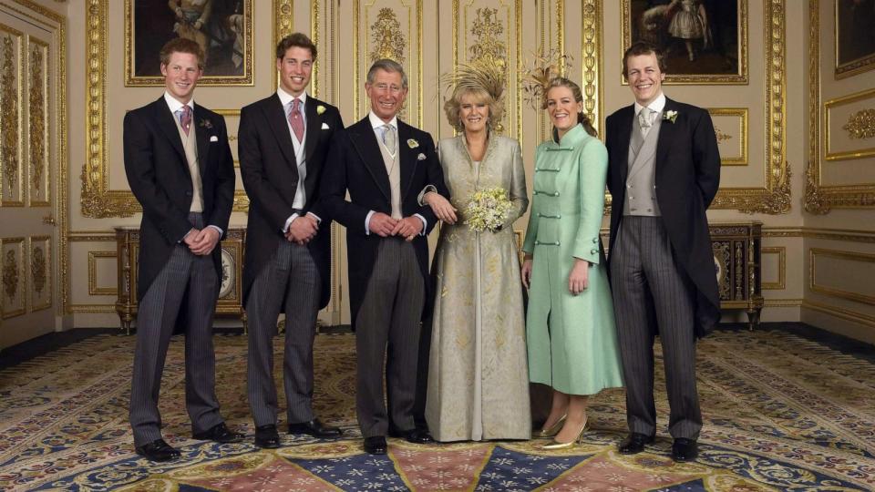 PHOTO: Prince Charles, the Prince of Wales and Camilla, Duchess of Cornwall, stand with their children, from left to right, Prince Harry, Prince William, Tom and Laura Parker-Bowles, in the White Drawing Room at Windsor Castle. (Corbis via Getty Images, FILE)