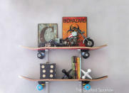 <p>When your little ones are done taking a whirl on the half-pipe, <a href="http://www.bobvila.com/slideshow/12-unusual-ways-to-reinvent-old-sports-gear-49132" rel="nofollow noopener" target="_blank" data-ylk="slk:repurpose their sports gear;elm:context_link;itc:0;sec:content-canvas" class="link ">repurpose their sports gear</a> into this skateboard shelf by screwing L-brackets to the wall and resting a skateboard on top. When the shelf isn’t supporting toys and trinkets, lift it from the L-brackets to take it for a ride! <i>Photo: <a href="http://www.thecraftedsparrow.com/2012/01/diy-skateboard-shelves.html" rel="nofollow noopener" target="_blank" data-ylk="slk:thecraftedsparrow.com;elm:context_link;itc:0;sec:content-canvas" class="link ">thecraftedsparrow.com</a><br></i><b>RELATED: <a href="http://www.bobvila.com/slideshow/10-insanely-creative-shelves-you-can-diy-47995" rel="nofollow noopener" target="_blank" data-ylk="slk:10 Insanely Creative Shelves You Can DIY;elm:context_link;itc:0;sec:content-canvas" class="link ">10 Insanely Creative Shelves You Can DIY</a></b></p>