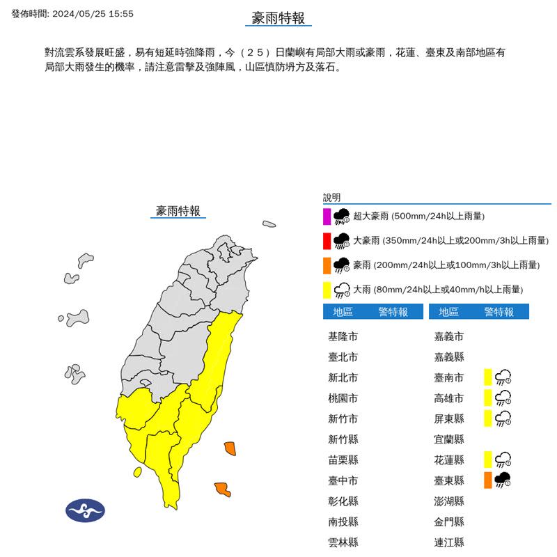 5縣市豪、大雨特報。（圖／翻攝自氣象署）