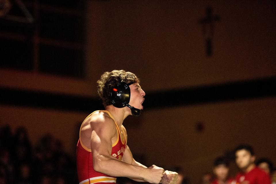 Bergen Catholic wrestling at St. Joseph on Friday, January 28, 2022. Aidan Wallace (BC) celebrates after defeating Joe Manno (SJR) in their 126 pound match. 