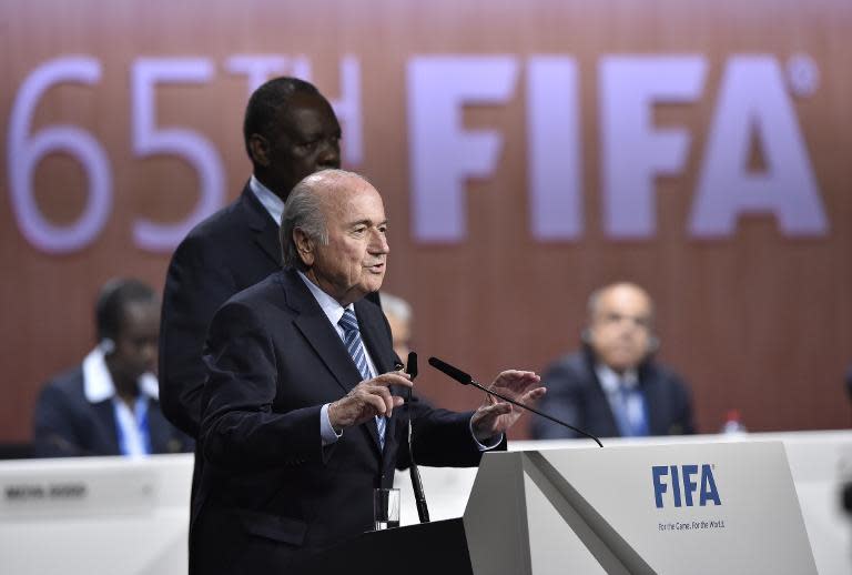 FIFA President Sepp Blatter gestures as he speaks after being re-elected following a vote to decide on the FIFA presidency in Zurich on May 29, 2015