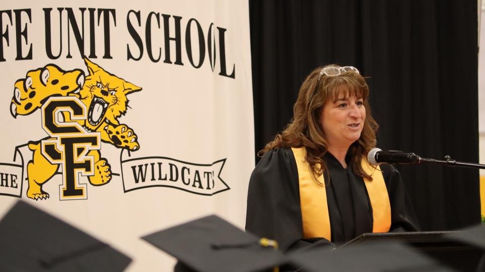 Maury County Public Schools Superintendent Lisa Ventura spoke at the Santa Fe Unit School graduation in Maury County, Tenn. on May 16, 2023.