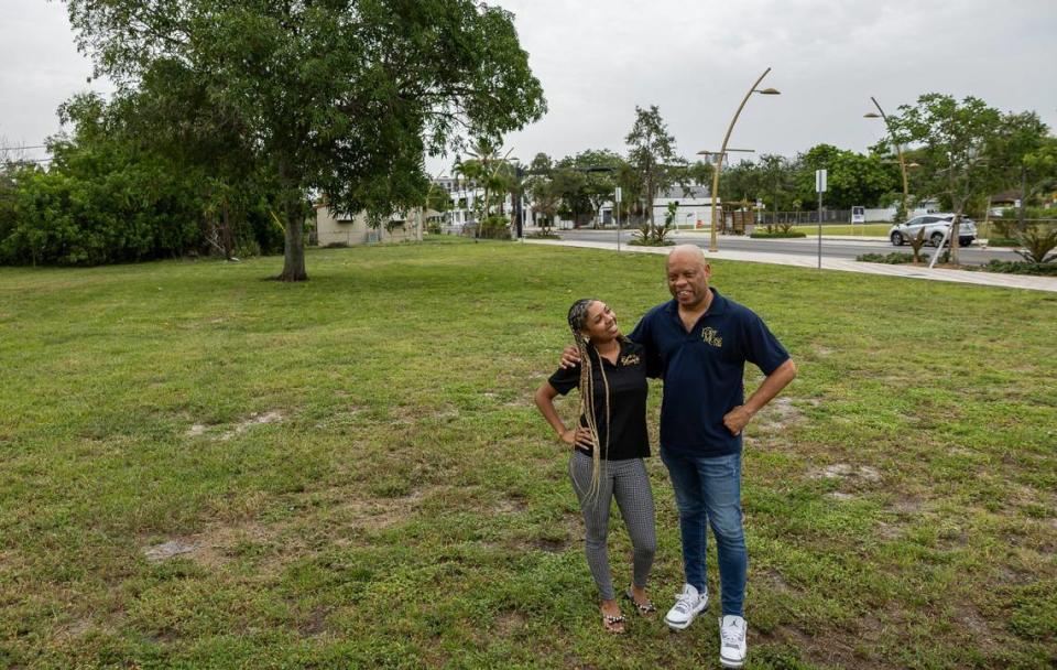 Victor Harvey and his daughter, Jolyn Harvey, visit a plot of land in the Sistrunk neighborhood where they plan on starting a distillery on Wednesday, July 10, 2024, in Fort Lauderdale, Florida.