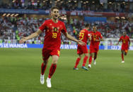 <p>Januzaj celebrates putting Belgium 1-0 ahead </p>