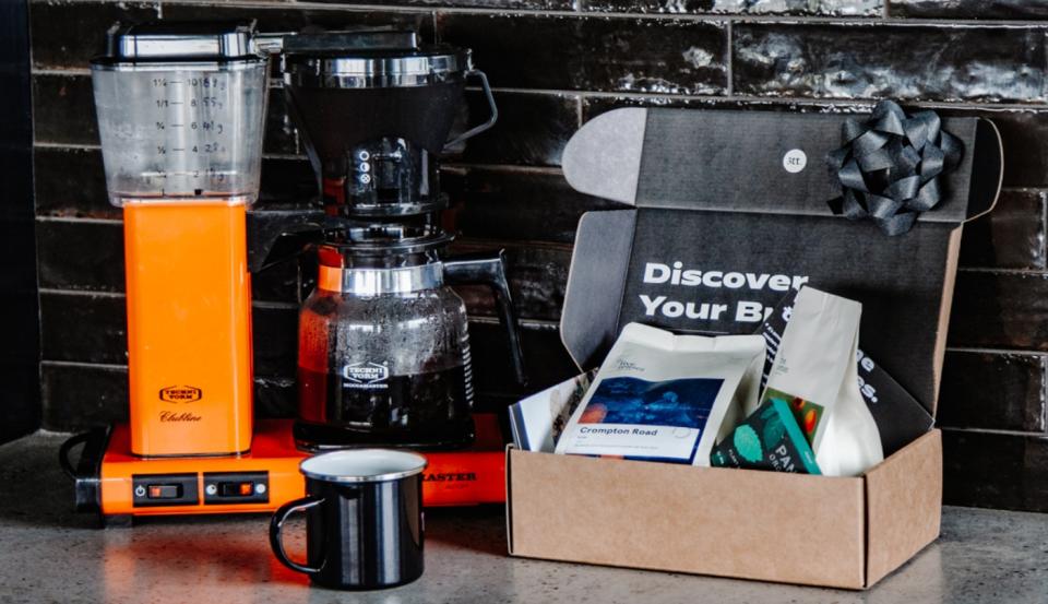 Moccamaster coffee machine, mug and and gift box of coffee bean packs
