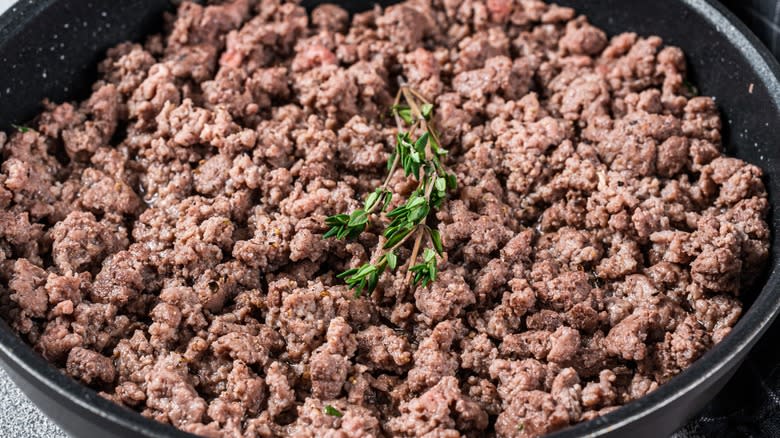 Close-up of cooked ground meat in a pan 
