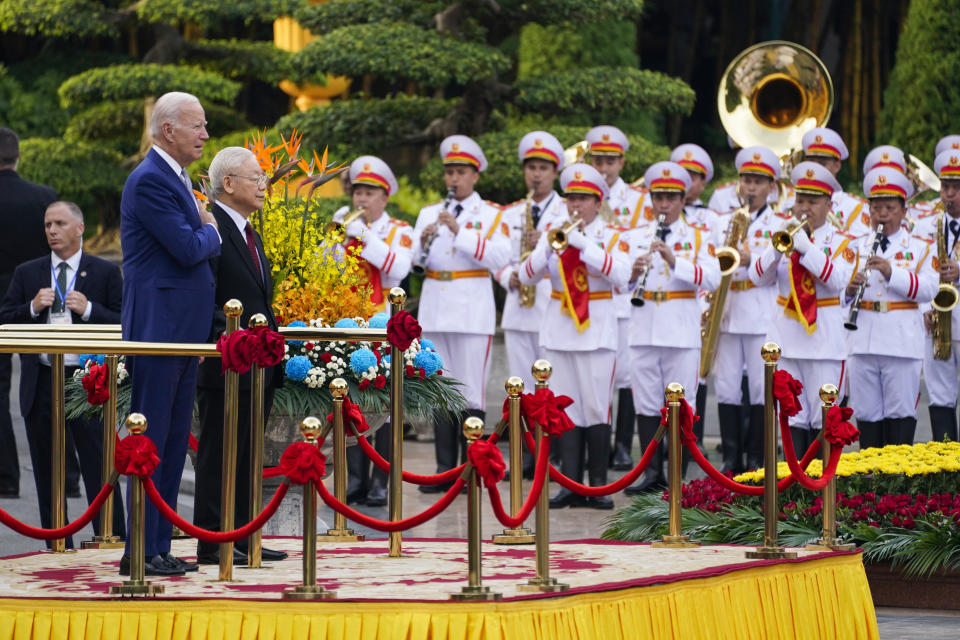 U.S. President Joe Biden participates in a welcome ceremony hosted by Vietnam's Communist Party General Secretary Nguyen Phu Trong at the Presidential Palace in Hanoi, Vietnam, Sunday, Sept. 10, 2023. (AP Photo/Evan Vucci)