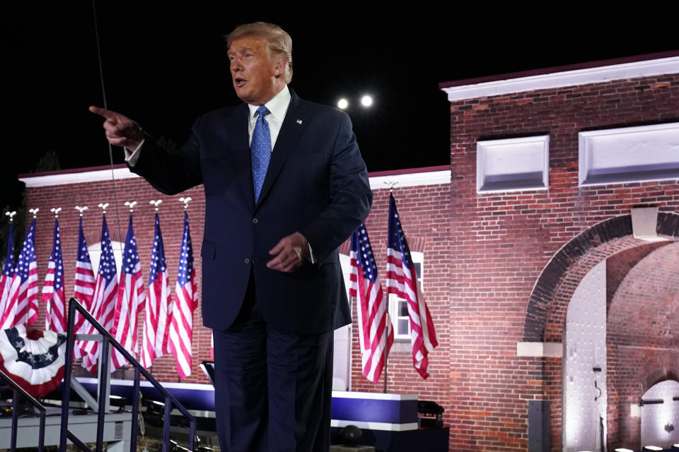 President Donald Trump takes the stage after Vice President Mike Pence spoke Wednesday on the third night of the Republican National Convention at Fort McHenry National Monument in Baltimore. (Photo: Andrew Harnik/ASSOCIATED PRESS)