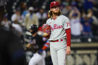 Philadelphia Phillies pitcher Bailey Falter waits as New York Mets' Pete Alonso runs the bases after hitting a two-run home run during the third inning of a baseball game Friday, May 27, 2022, in New York. (AP Photo/Frank Franklin II)