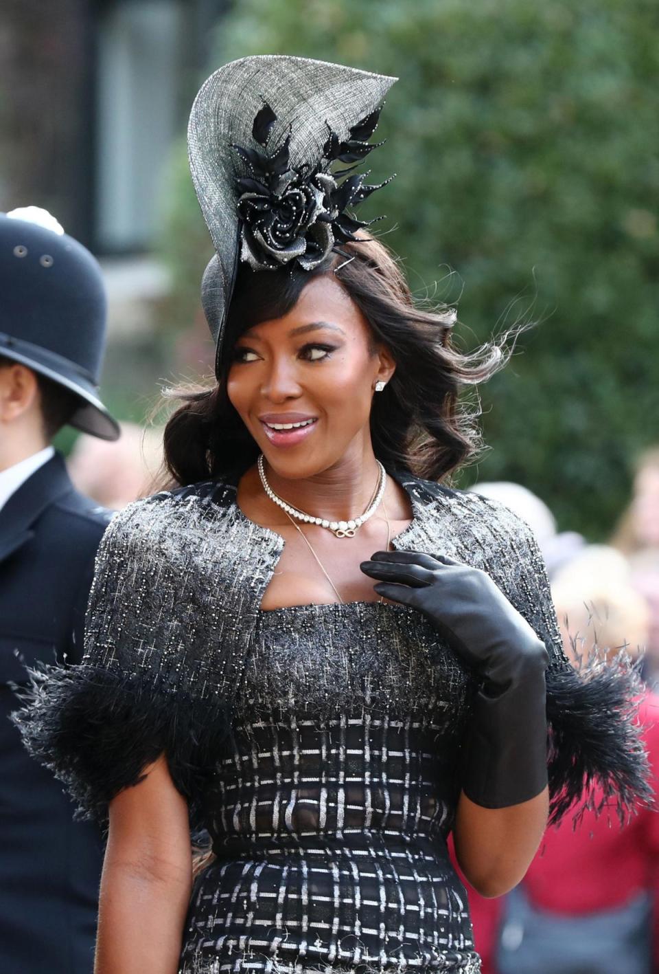 Naomi Campbell arrives at the wedding of Princess Eugenie of York and Mr. Jack Brooksbank at St. George's Chapel in 2018 (Getty Images)