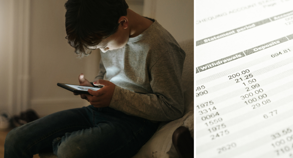 A composite image of a young boy playing video games on his phone and a bank statement showing a number of withdrawals to represent gambling addictions. 