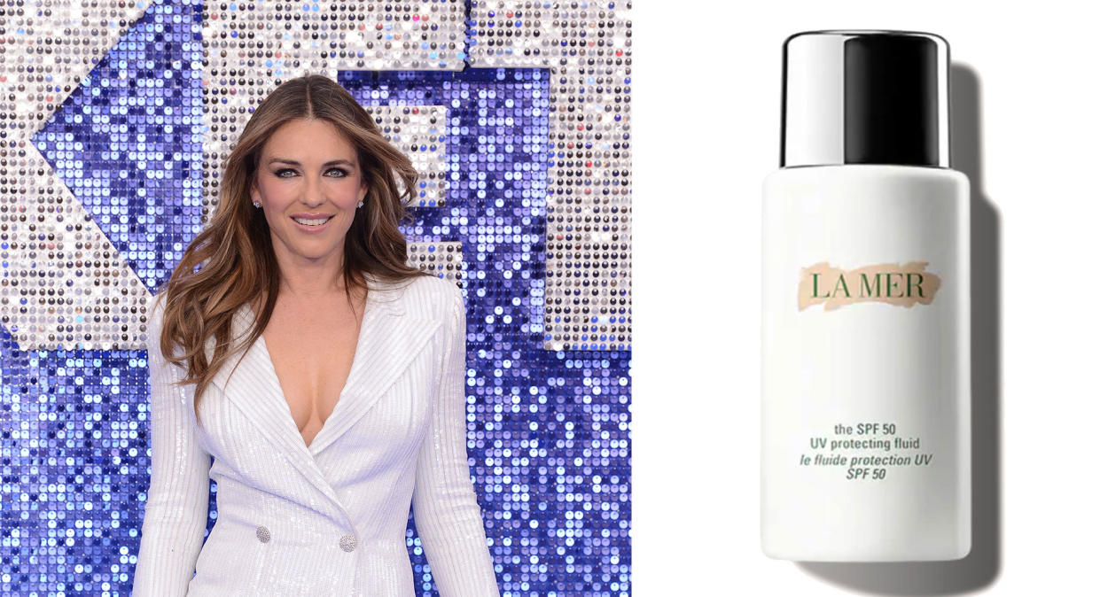 Liz Hurley is a clear fan of the luxury skincare brand, Creme de la Mer [Photo: Getty Images]