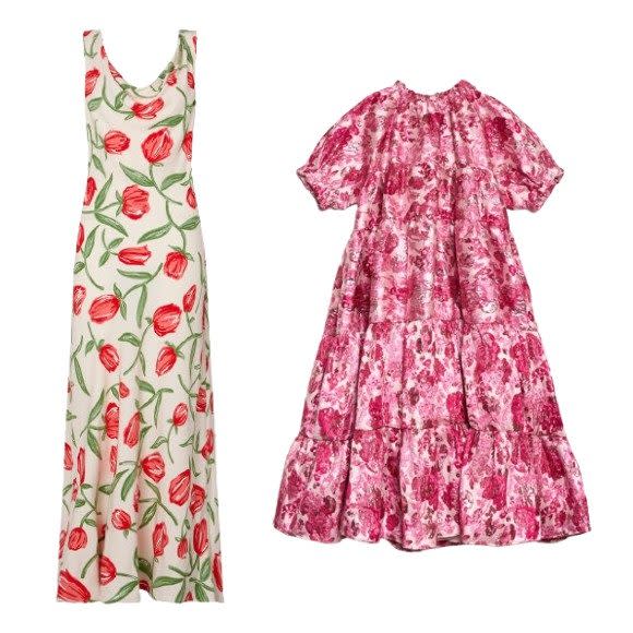 Araminta dress, £195, Kitri;  Brocade dress, £139, Sister Jane