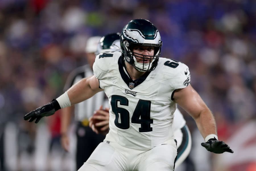 BALTIMORE, MARYLAND – AUGUST 12: Offensive tackle Brett Toth #64 of the Philadelphia Eagles blocks against the Baltimore Ravens during a preseason game at M&T Bank Stadium on August 12, 2023 in Baltimore, Maryland. (Photo by Rob Carr/Getty Images)