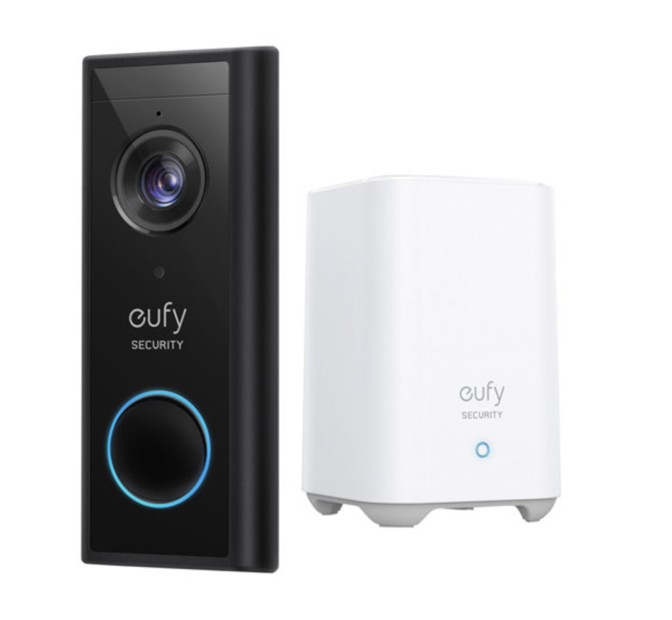 black doorbell and white box of the eufy 2k Wi-Fi Video Doorbell 