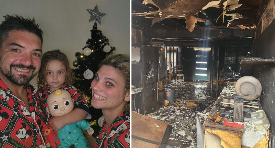 Ben Briffa, Ashleigh Newton and their two-year old daughter Myah smile in front of their Christmas tree wearing Christmas PJs (left). Right, the remains of their kitchen with the ceiling collapsed and debris on the floor. 