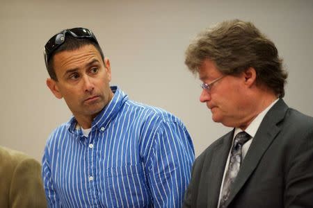 Andrew Biddle (L), 45, attends his arraignment with attorney, Mark Roddy, at the Atlantic County Courthouse in Mays Landing, New Jersey, United States, May 12, 2015. REUTERS/Mark Makela