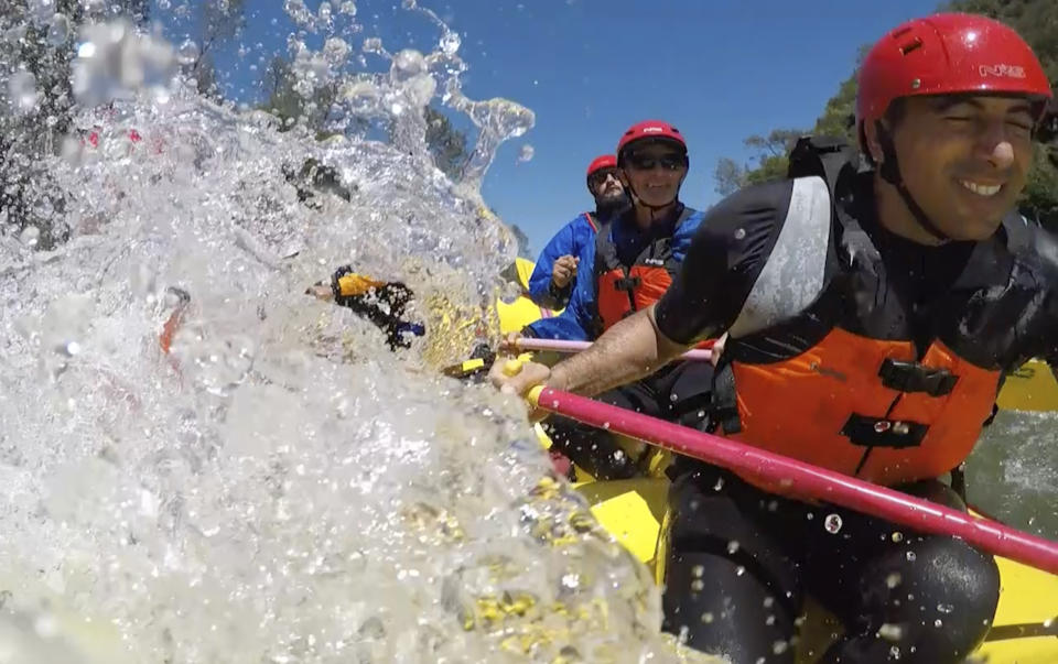 Rowers get splashed during a whitewater rafting trip down the South Fork of the American River near Placerville, Calif., on April 28, 2023. The state's historic winter storms dumped a record amount of snowfall in the Sierra Nevada mountains. As that snowpack begins to melt, it's resulting in cascading volumes of water flowing into various rivers at rates not seen in years. (AP Photo/Haven Daley)