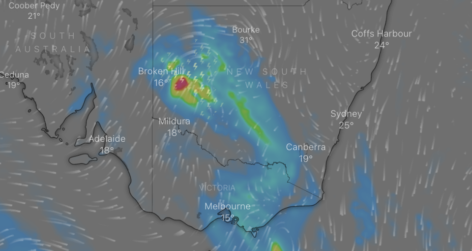 Map of the heavy rainfall predicted for southern and central inland NSW on Tuesday. Source: Windy