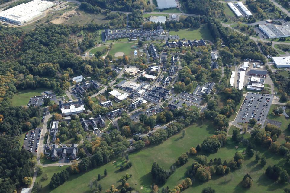 An aerial view of the Battle Creek Veterans Affairs Medical Center in Bedford Charter Township, which spans 206 acres and consists of 30 buildings.