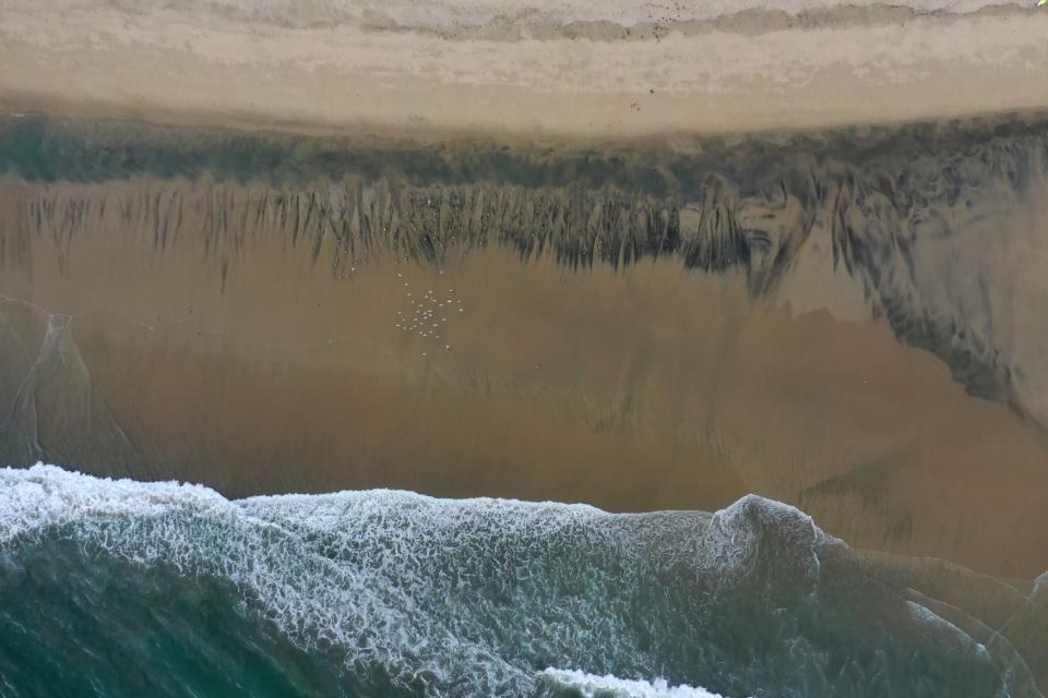 An aerial view of the of oil spill at Huntington State Beach on Oct. 4, 2021.