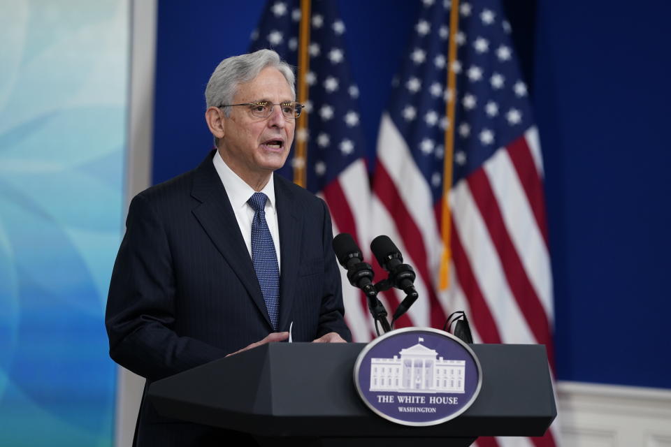 Attorney General Merrick Garland speaks during a Tribal Nations Summit during Native American Heritage Month, in the South Court Auditorium on the White House campus, Monday, Nov. 15, 2021, in Washington. (AP Photo/Evan Vucci)