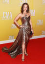  <p class="MsoNormal"><span>Brad Paisley’s wife, “Nashville’s” Kimberly Williams-Paisley, showed off both her toned arms and legs in a bronze silk gown designed by Romona Keveza. The actress served as a presenter. (11/1/2012)<br></span></p> 