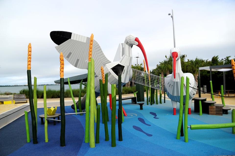 A whimsical playground maintains the park’s theme of environmental resilience.