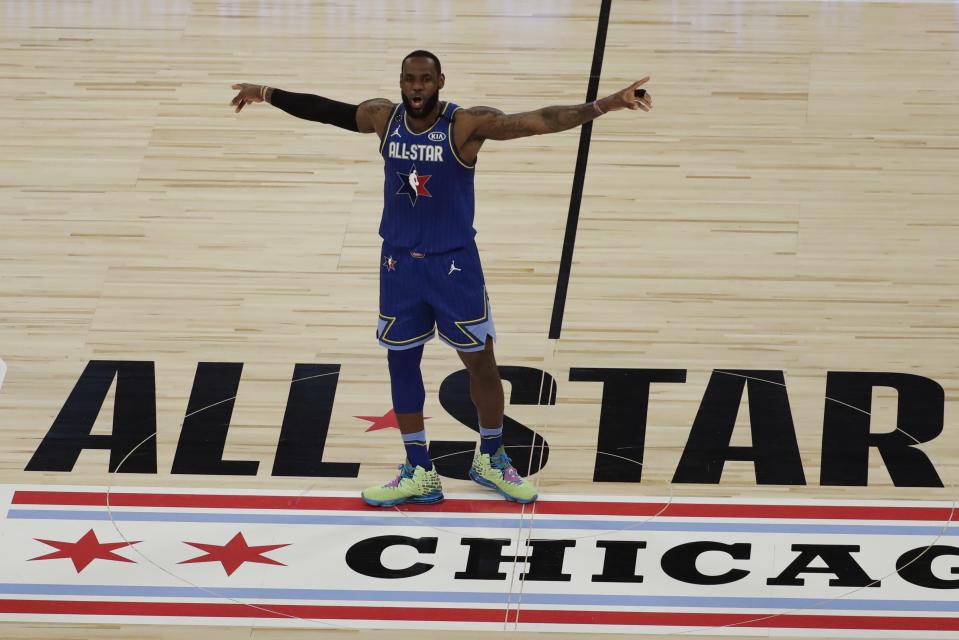 LeBron James of the Los Angeles Lakers celebrates during the second half of the NBA All-Star basketball game Sunday, Feb. 16, 2020, in Chicago. (AP Photo/David Banks)