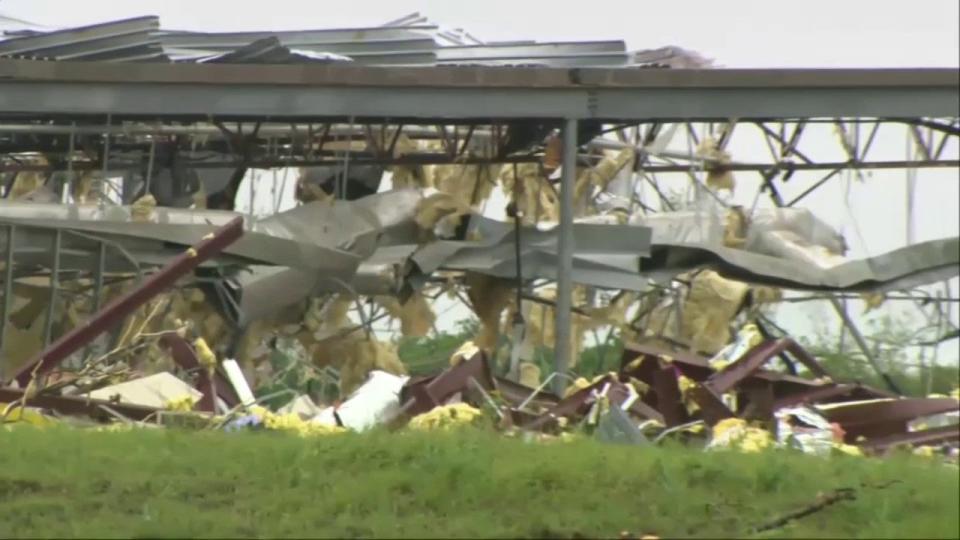 This image shows major damage to a building in Marietta, Oklahoma, on Sunday, April 28, 2024.