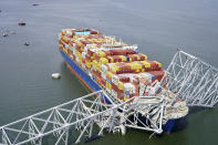 In this aerial image released by the Maryland National Guard, the cargo ship Dali is stuck under part of the structure of the Francis Scott Key Bridge after the ship hit the bridge, Tuesday, March 26, 2024, in Baltimore. (Maryland National Guard via AP)