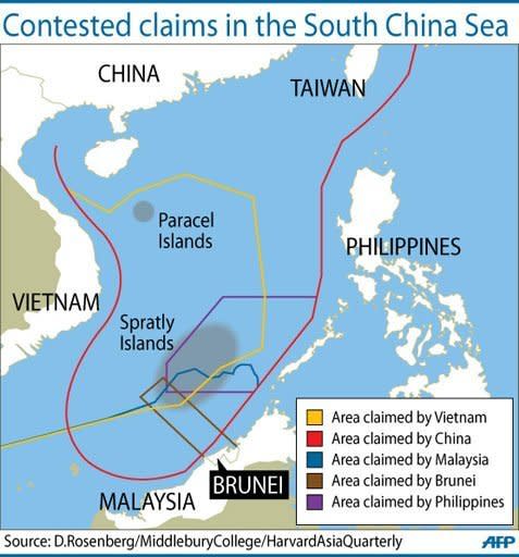 Map showing contested claims in the South China Sea. The Philippines has said it send its ageing navy flagship into disputed South China Sea waters amid rising tensions with Beijing over their competing claims