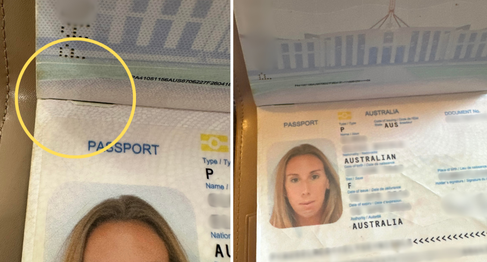 Images of Elyse's passport with the tear in the corner.