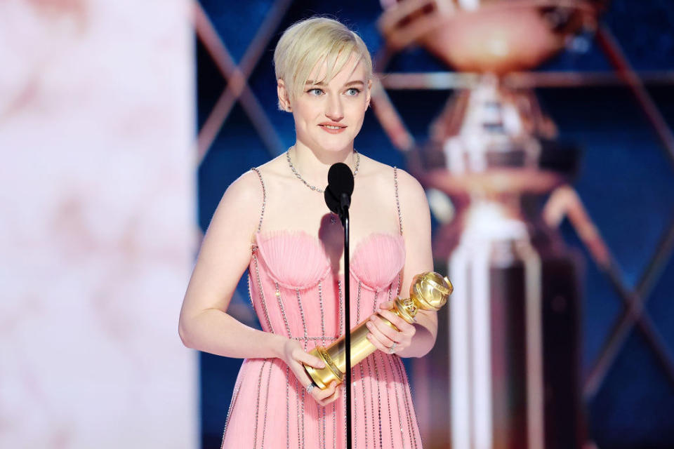 Julia Garner accepts the Best Supporting Actress in a Television Series Musical-Comedy or Drama award.