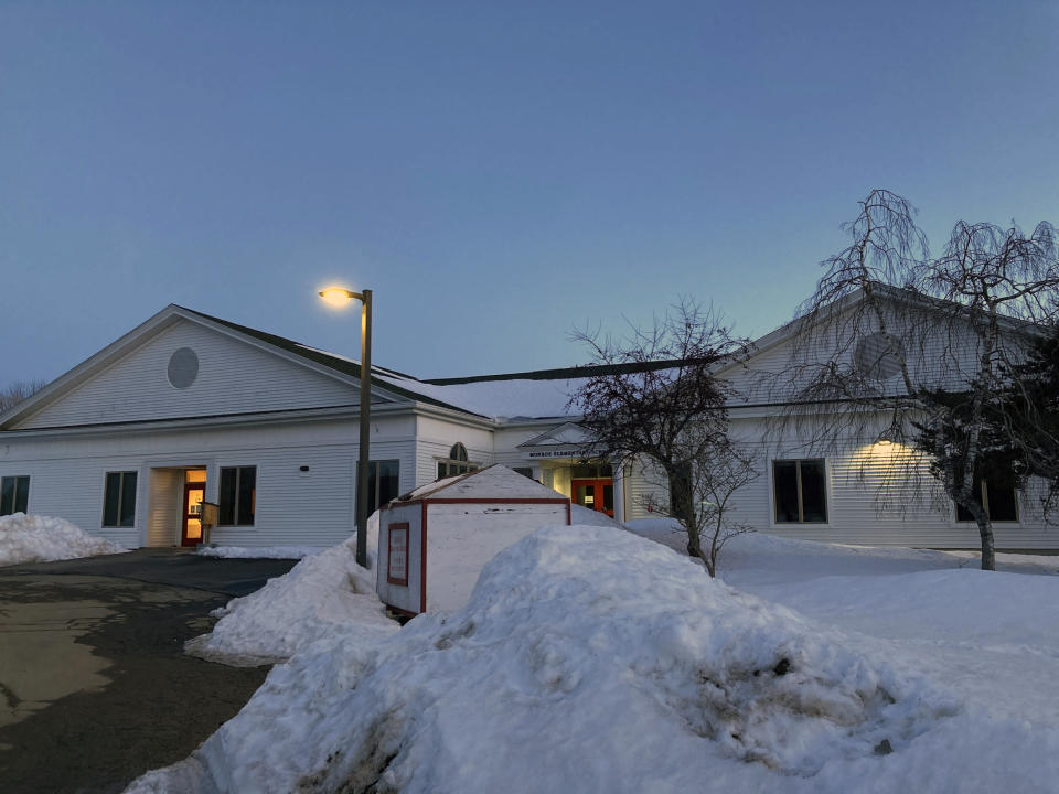 Monroe Elementary School in Monroe, Maine, is shown Friday, March 10, 2023, after police say a 10-year-old student was arrested for bringing a gun to school. The Waldo County Sheriff's Office said no one was injured. (AP Photo/Patrick Whittle)