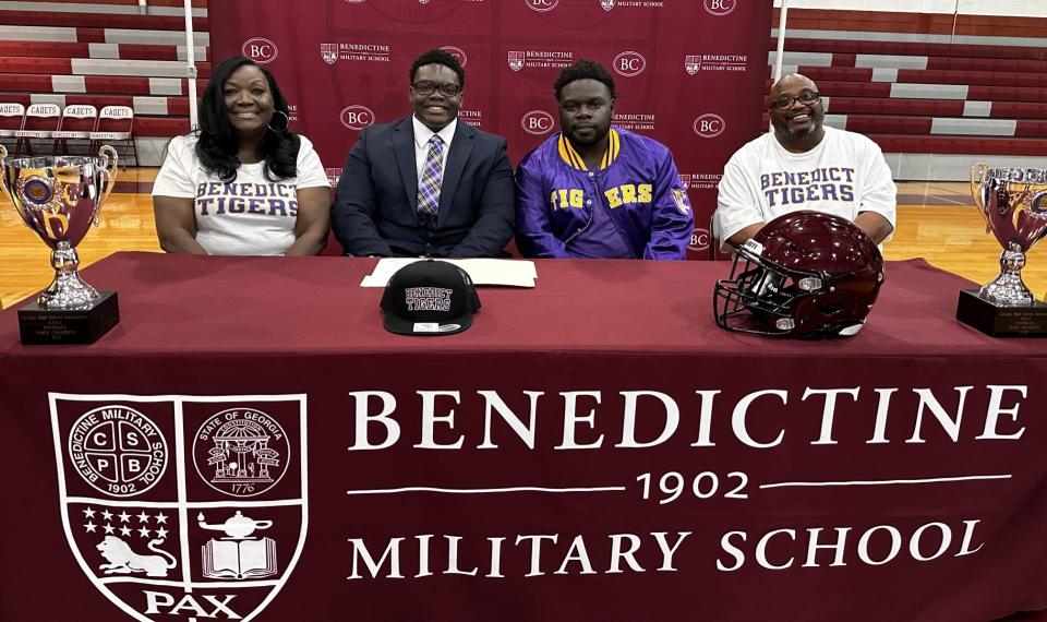 Benedictine's Jeremiah "Tank" Thomas, pictured with his family, signed to play football at Benedict College on April 23, 2024.