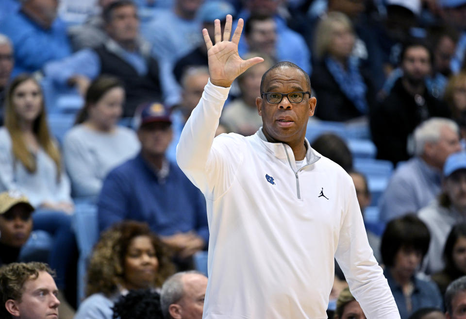 CHAPEL HILL, NORTH CAROLINA – NOVEMBER 20: Head coach Hubert Davis of the North Carolina Tar Heels directs his team during their game against the <a class="link " href="https://sports.yahoo.com/ncaaw/teams/james-madison/" data-i13n="sec:content-canvas;subsec:anchor_text;elm:context_link" data-ylk="slk:James Madison Dukes;sec:content-canvas;subsec:anchor_text;elm:context_link;itc:0">James Madison Dukes</a> at the Dean E. Smith Center on November 20, 2022 in Chapel Hill, <a class="link " href="https://sports.yahoo.com/ncaaw/teams/n-carolina/" data-i13n="sec:content-canvas;subsec:anchor_text;elm:context_link" data-ylk="slk:North Carolina;sec:content-canvas;subsec:anchor_text;elm:context_link;itc:0">North Carolina</a>. (Photo by Grant Halverson/Getty Images)