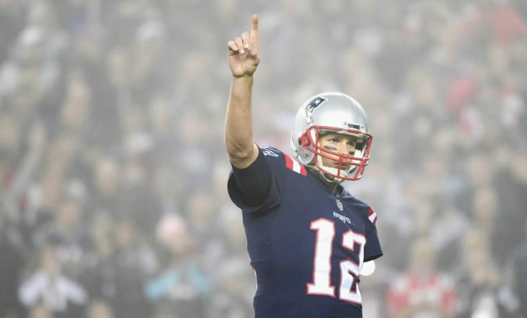 Tom Brady of the New England Patriots celebrates during the third quarter against the Atlanta Falcons, at Gillette Stadium in Foxboro, Massachusetts, on October 22, 2017