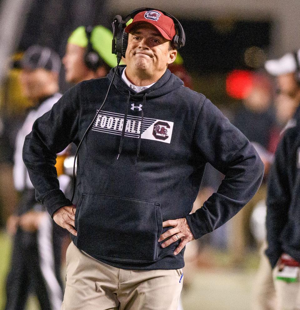 South Carolina Gamecocks head coach Shane Beamer reacts to a play in the fourth quarter of the game against the Clemson Tigers at Williams-Brice Stadium, in Columbia on November 27, 2021.