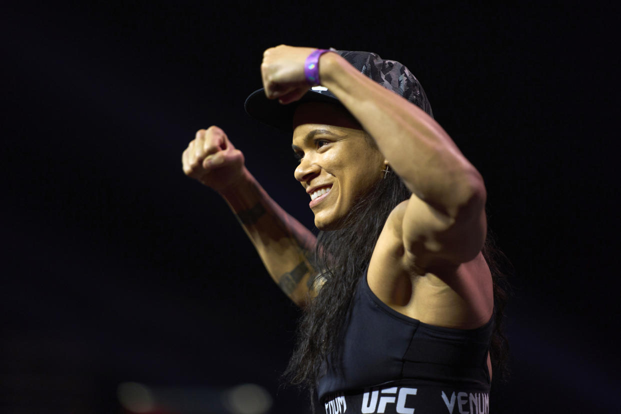 LAS VEGAS, NEVADA - DECEMBER 10: Amanda Nunes of Brazil poses on the scale during the UFC 269 ceremonial weigh-in at MGM Grand Garden Arena on December 10, 2021 in Las Vegas, Nevada. (Photo by Cooper Neill/Zuffa LLC)