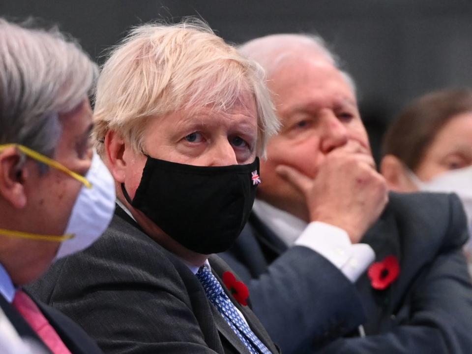 Johnson pictured with a mask, and Attenborough (right) without in another photo taken during the conference (PA)