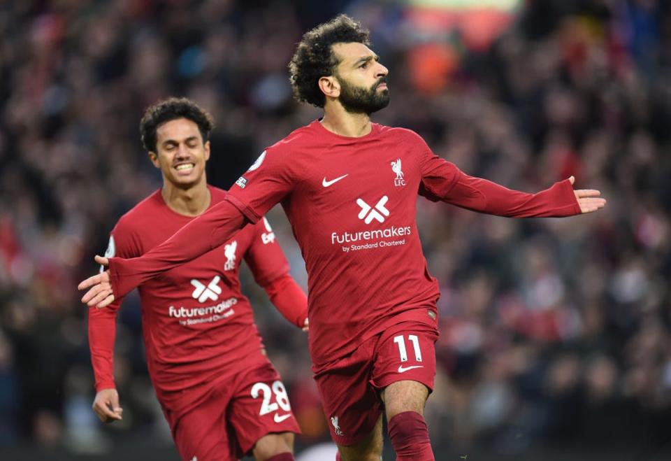 Liverpool’s Egyptian talisman Mohamed Salah celebrates in front of the Kop after scoring the only goal of the game at Anfield  (Liverpool FC/Getty)