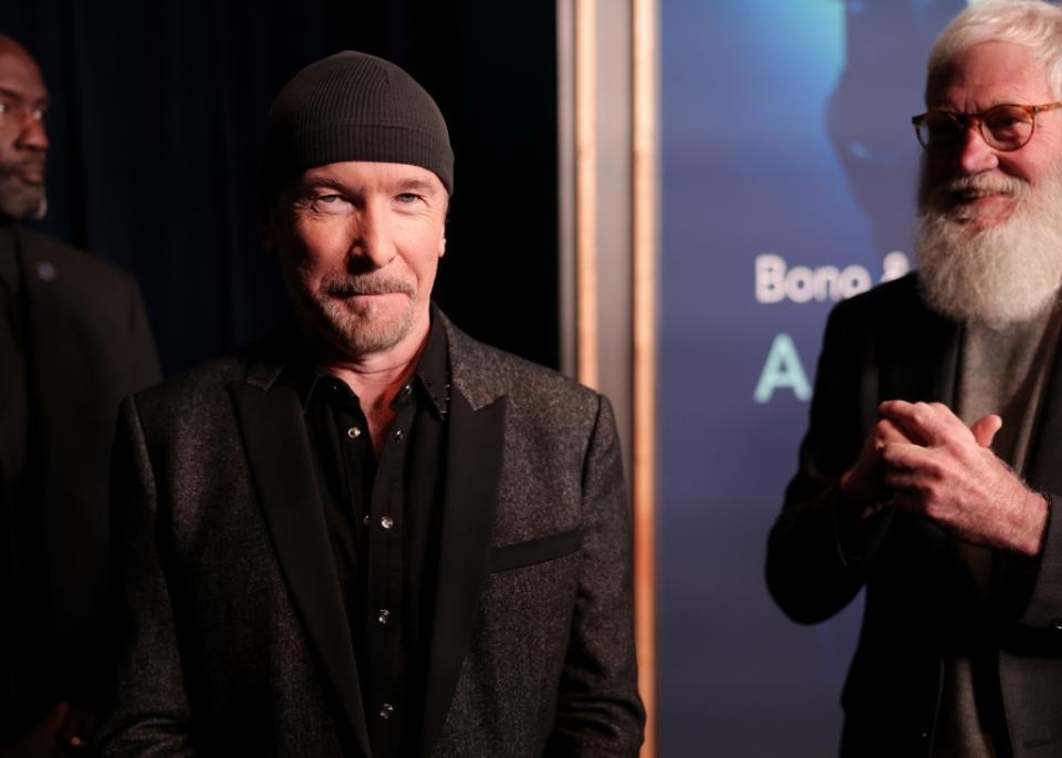 The Edge and Dave Letterman at "Bono & The Edge: A Sort of Homecoming, with Dave Letterman" at The Orpheum Theatre on March 8, 2023 in Los Angeles, California