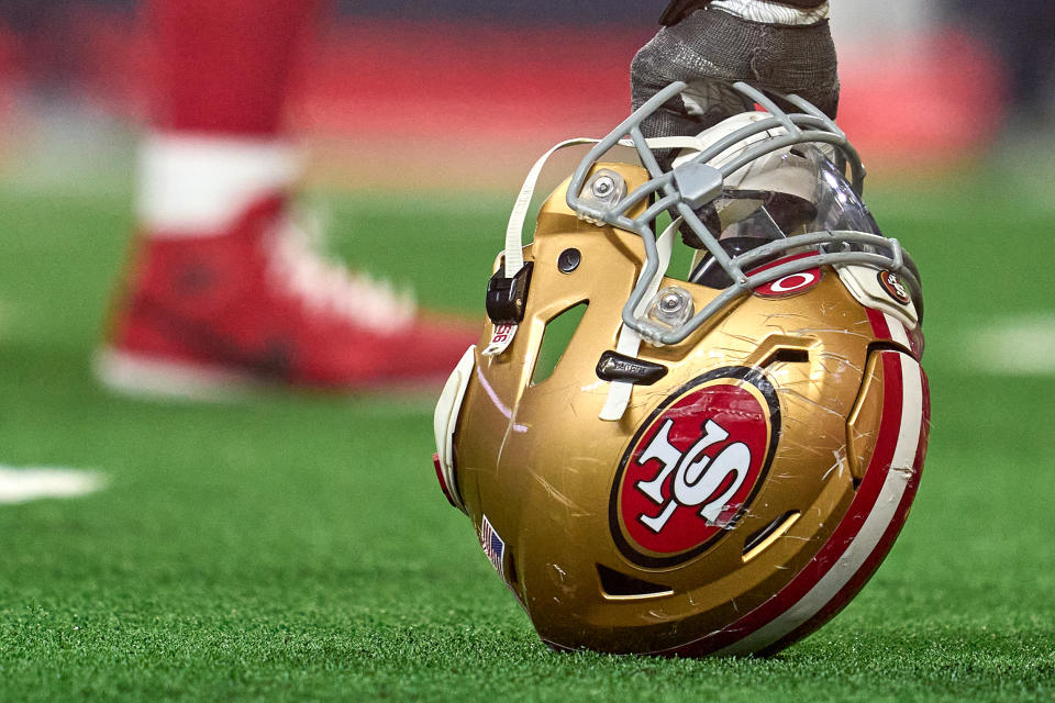 A detail view of a San Francisco 49ers helmet