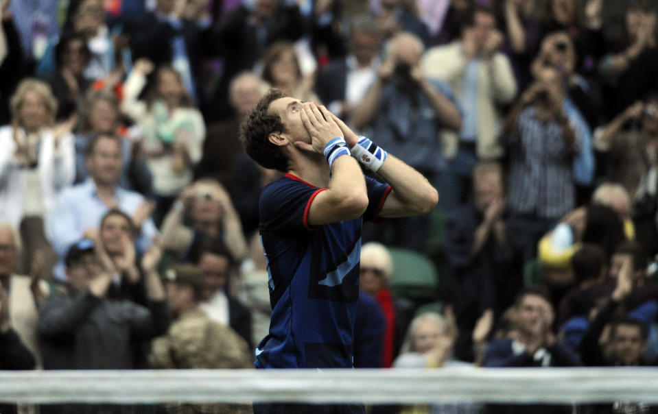 Great Britain's Andy Murray after winning his match in the Semi-finals of the Men's Singles at the Olympic Tennis Venue, Wimbledon.. Picture date: Friday August 3, 2012. See PA story OLYMPICS Tennis . Photo credit should read: Rebecca Naden/PA Wire. EDITORIAL USE ONLY