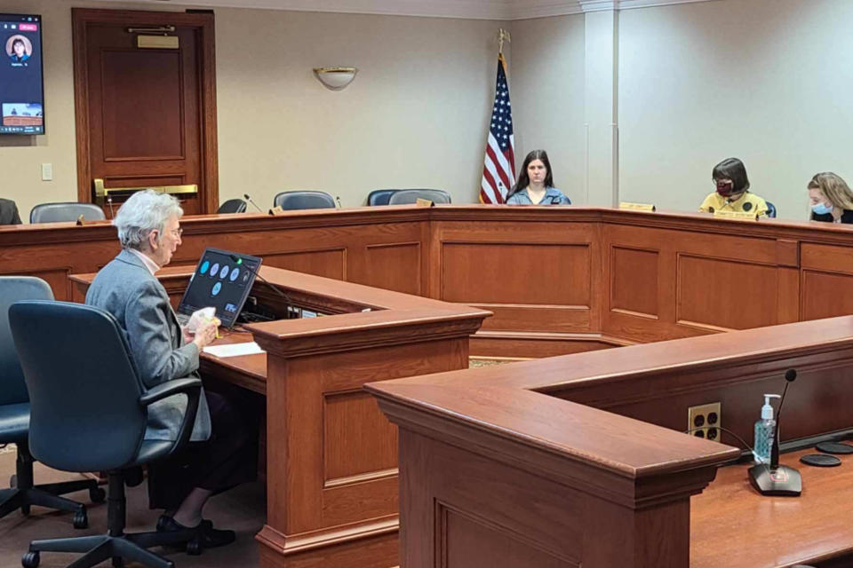 In this photo provided by the Presentation Sisters, Sister Kathleen Bierne testifies before state lawmakers at the capitol in Pierre, South Dakota, in March 2022. Bierne became a lobbyist in recent years, advocating for healthcare, education, housing, immigration and other issues in line with the Presentation Sisters' historic mission. (Presentation Sisters via AP)