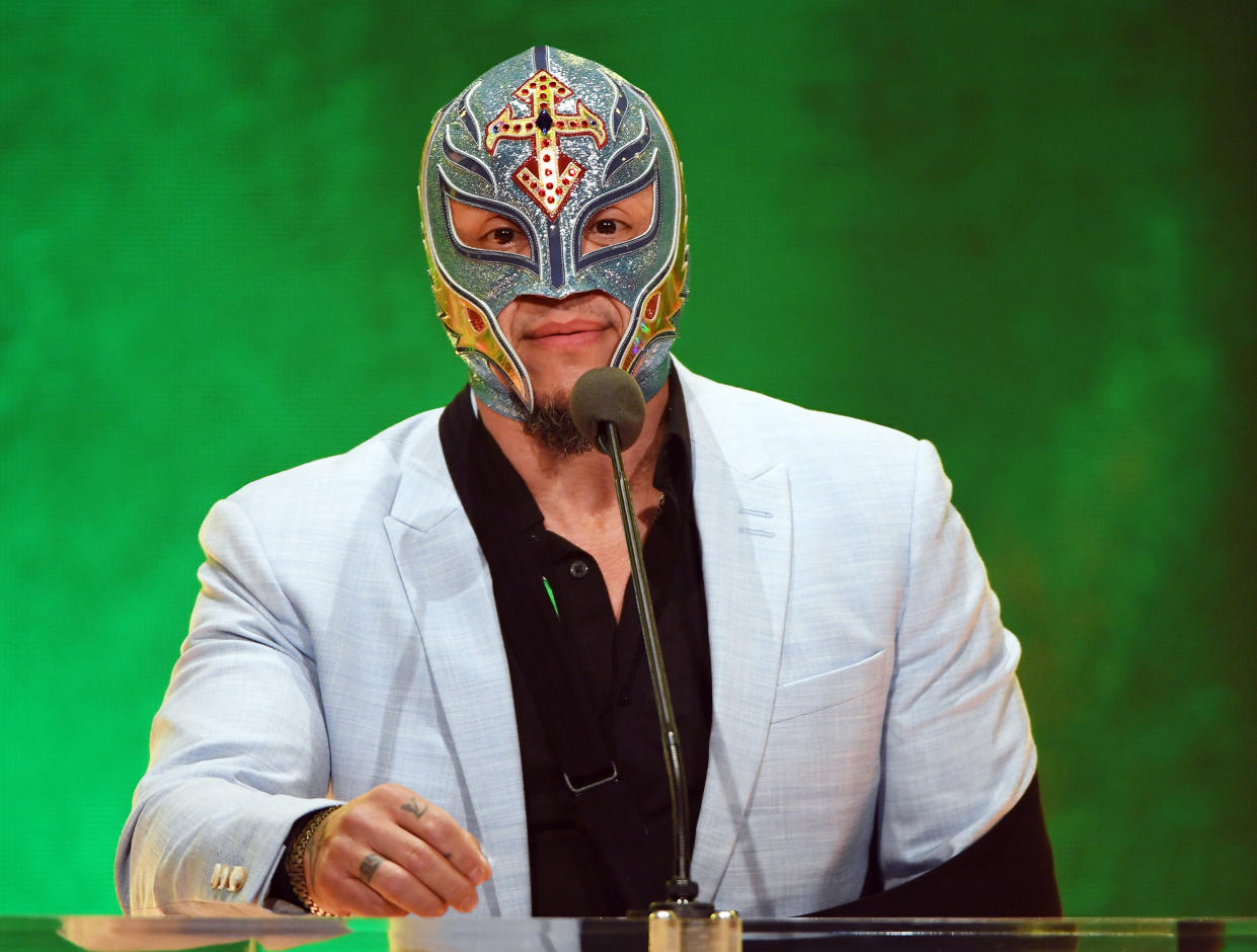 WWE wrestler Rey Mysterio speaks at a WWE news conference on October 11, 2019 in Las Vegas, NV. (Ethan Miller / Getty Images)