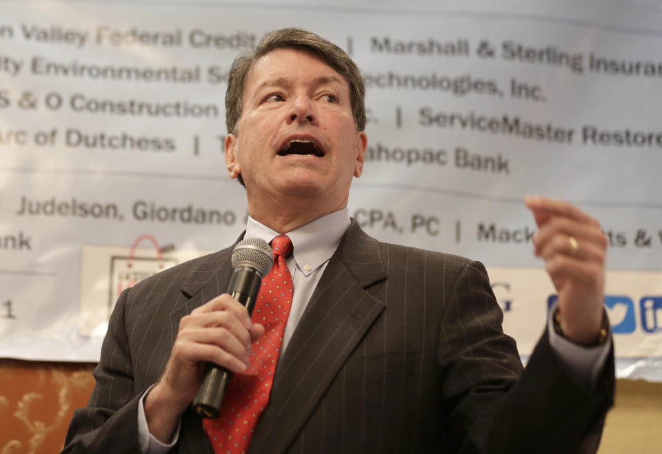 Republican U.S. Rep. John Faso speaks during a candidate forum in Poughkeepsie, N.Y., Wednesday, Oct. 17, 2018. Hip-hop, health care and Brett Kavanaugh have emerged as issues in a too-close-to-call congressional race in New York’s Hudson Valley that pits the freshman Republican congressman against a rapper-turned-corporate lawyer seeking his first political office. (AP Photo/Seth Wenig)