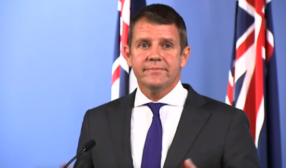 NSW Premier Mike Baird became emotional when announcing his retirement from politics today. Source: 7 News